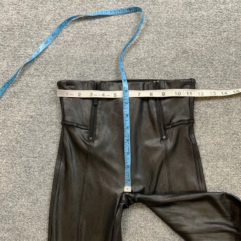 Spanx Leggings Women S Small Black Hip-Zip Faux Leather Coated Paneled Stitching